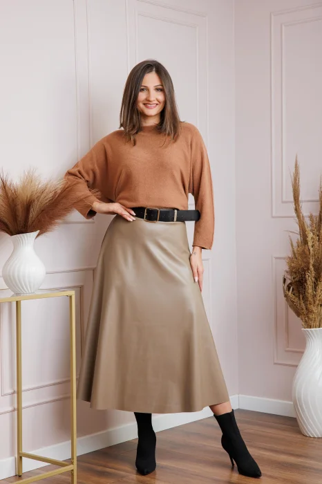 Fusta midi camel din piele ecologica cu curea Maxine