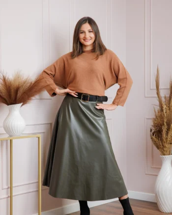 Fusta midi kaki din piele ecologica cu curea Maxine