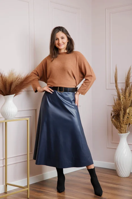 Fusta midi bleumarin din piele ecologica cu curea Maxine
