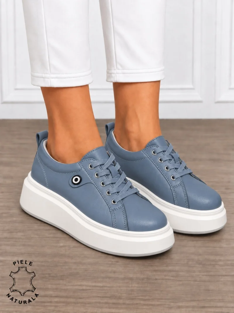 Pantofi damă din piele naturală cu șiret si talpa groasa CRL1858 ALBASTRU