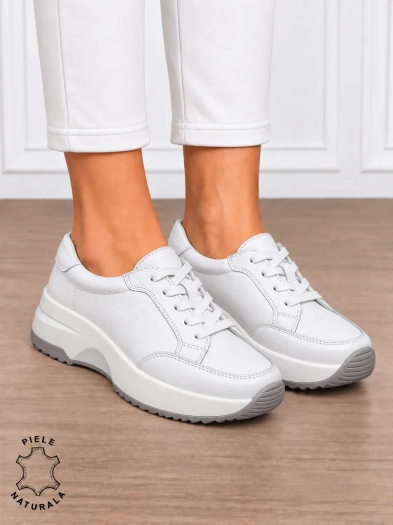 Pantofi damă din piele naturală cu șiret CRL1860 ALB