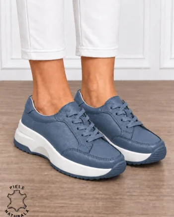 Pantofi damă din piele naturală cu șiret CRL1860 ALBASTRU