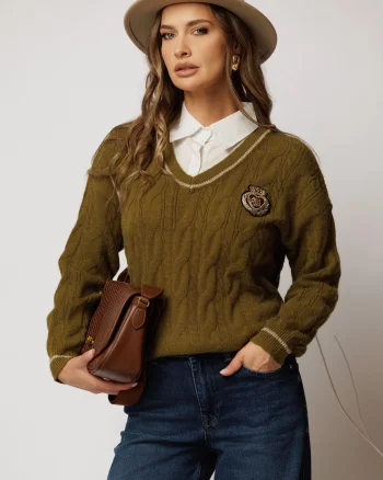 Bluza din tricot kaki cu emblema si guler tip camasa
