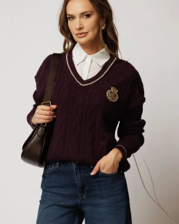 Bluza din tricot mov cu emblema si guler tip camasa