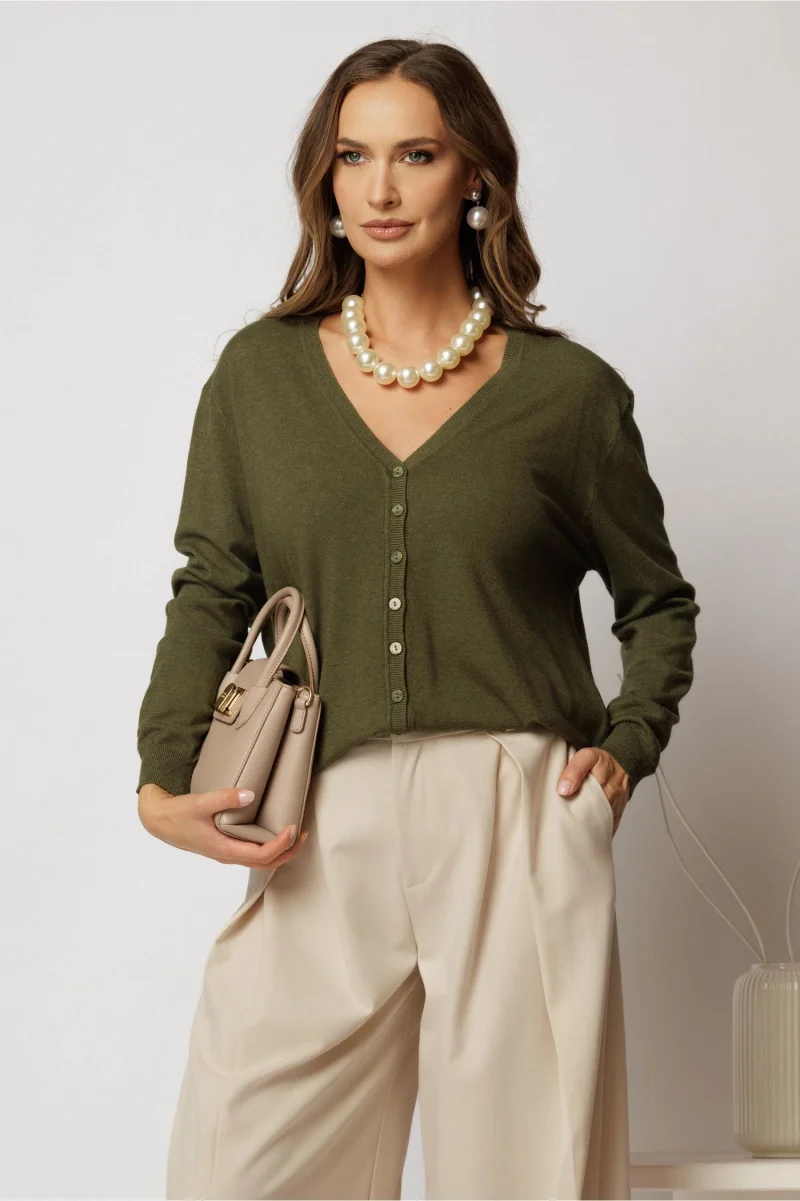 Bluza kaki tip cardigan din tricot cu inchidere cu nasturi