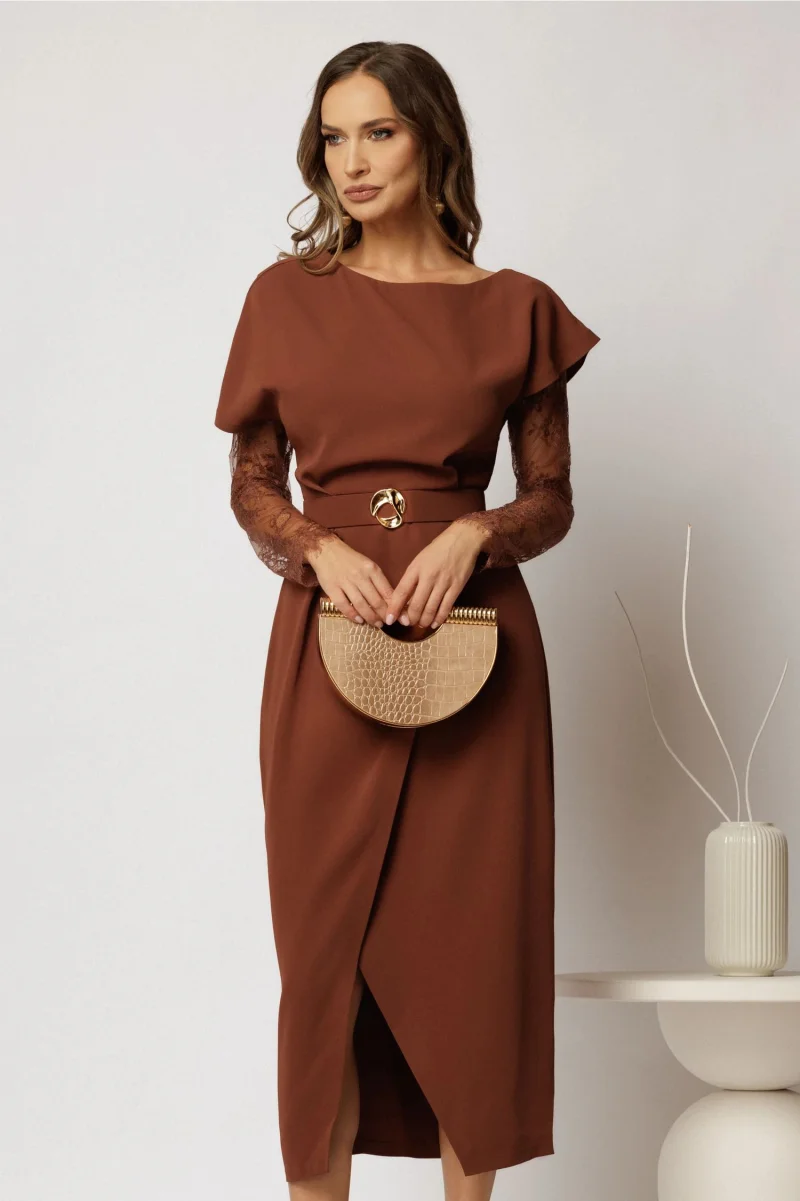 Rochie DY Fashion midi caramizie din triplu voal cu croi petrecut
