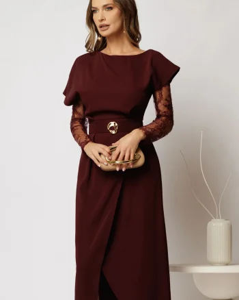 Rochie DY Fashion midi bordo din triplu voal cu croi petrecut
