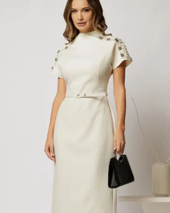 Rochie midi ivoar conica cu nasturi pe umeri