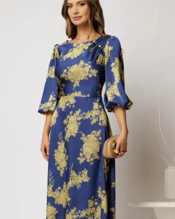 Rochie midi din satin bleumarin cu imprimeu lime