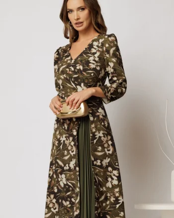 Rochie midi kaki cu imprimeuri si pliu cu pliseu pe fusta
