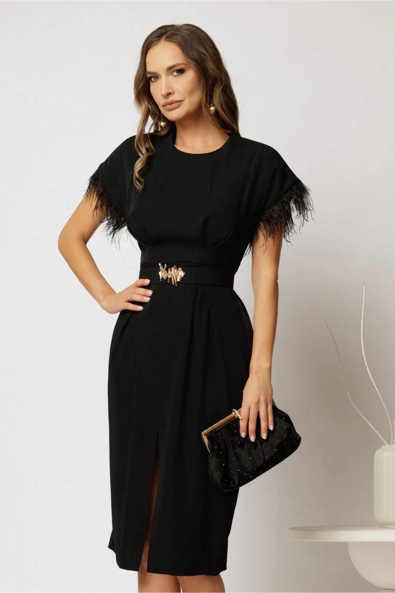 Rochie DY Fashion midi neagra din triplu voal cu pene la maneci