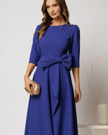 Rochie DY Fashion albastra cu funda ampla in talie decolteu rotund maneci trei sferturi