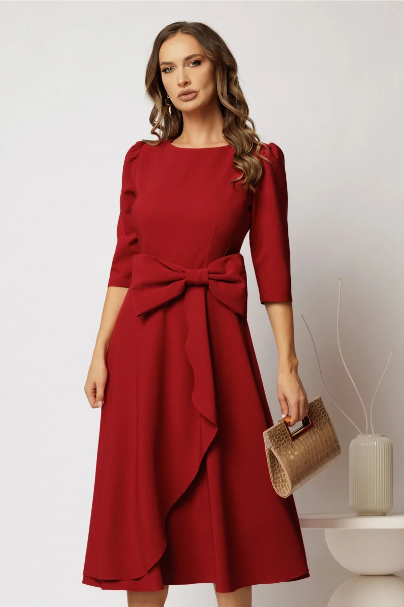 Rochie DY Fashion rosu inchis cu funda ampla in talie decolteu rotund maneci trei sferturi