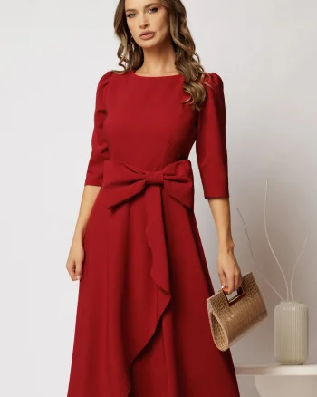 Rochie DY Fashion rosu inchis cu funda ampla in talie decolteu rotund maneci trei sferturi