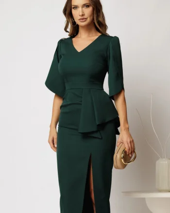 Rochie midi verde eleganta cu slit si peplum din pliuri