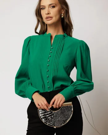 Camasa DY Fashion verde cu maneci bufante si pliuri pe bust