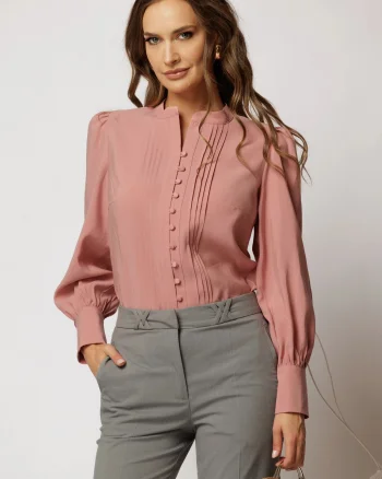 Camasa DY Fashion roz cu maneci bufante si pliuri pe bust