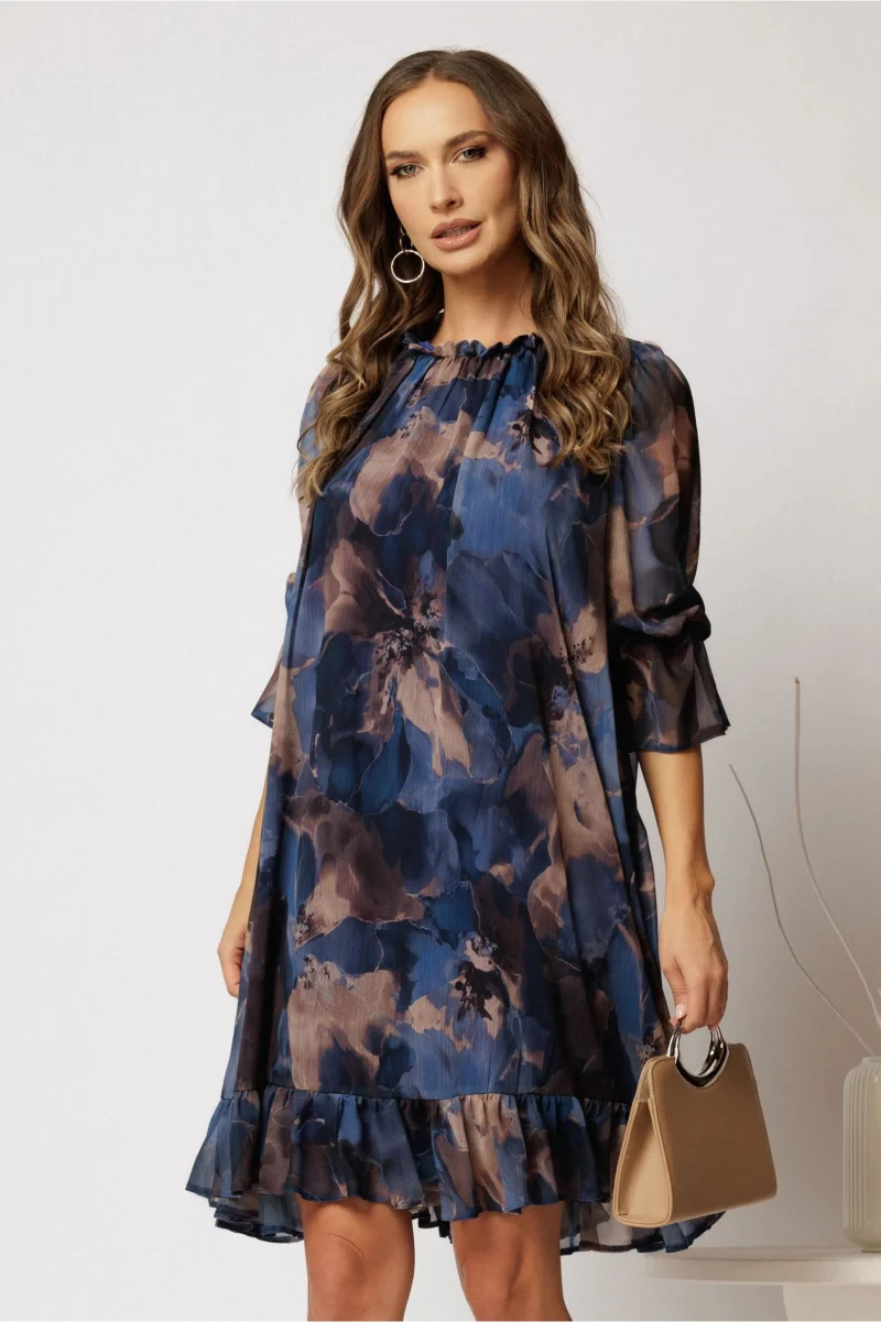 Rochie DY Fashion scurta bleumarin cu imprimeu bej din voal creponat