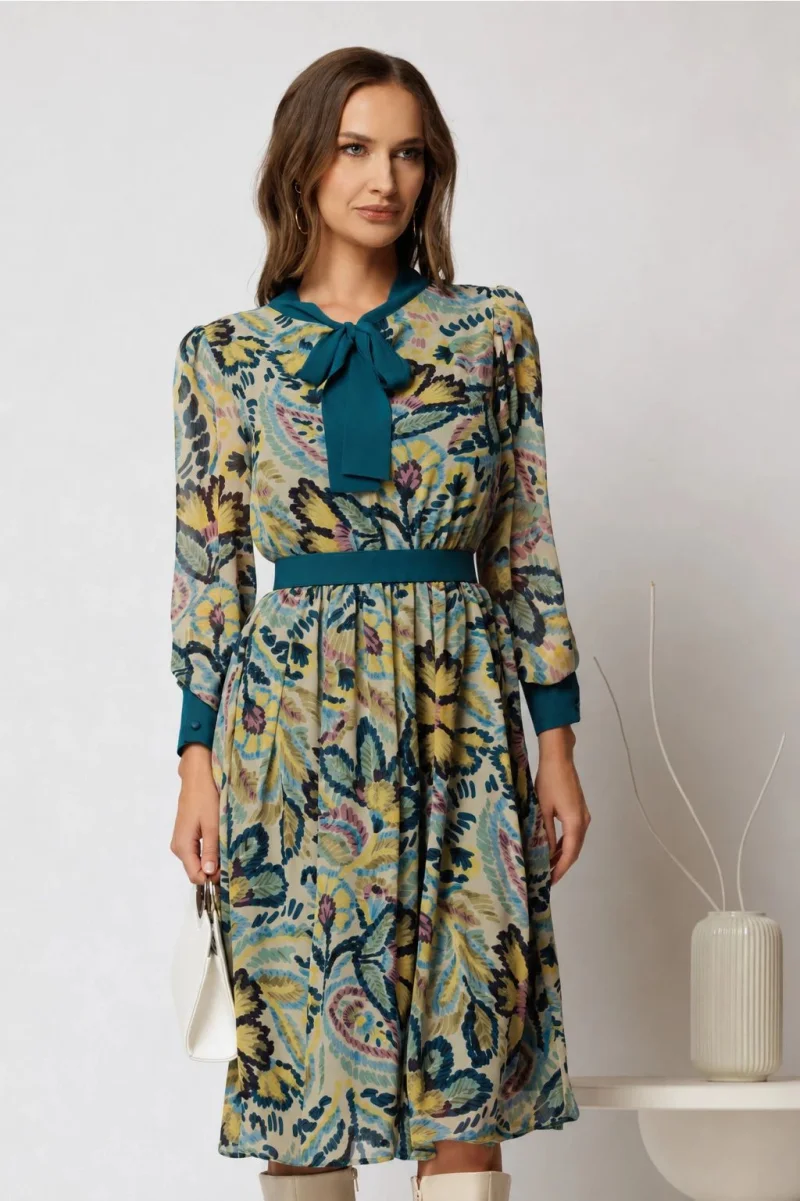 Rochie DY Fashion midi din voal cu imprimeuri turcoaz si cordon in talie