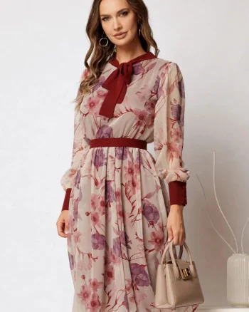 Rochie DY Fashion midi din voal cu imprimeuri bordo si cordon in talie