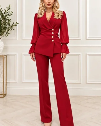 Costum elegant de dama SERAVIA, sacou cambrat cu maneci din voal si pantaloni usor conici, Rosu