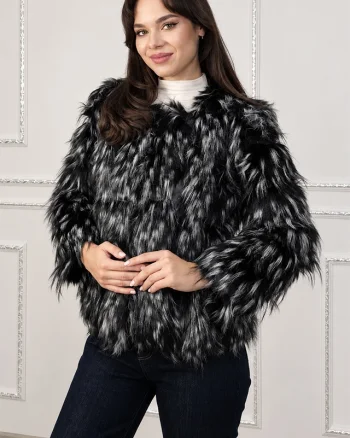 Jacheta dama SORELLA din blana sintetica, cu insertii de piele si inchidere cu fermoar, Negru/Gri