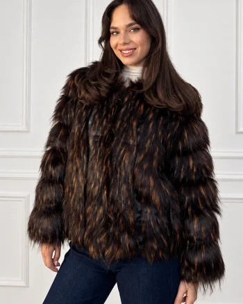 Jacheta dama SORELLA din blana sintetica, cu insertii de piele si inchidere cu fermoar, Negru/Maro