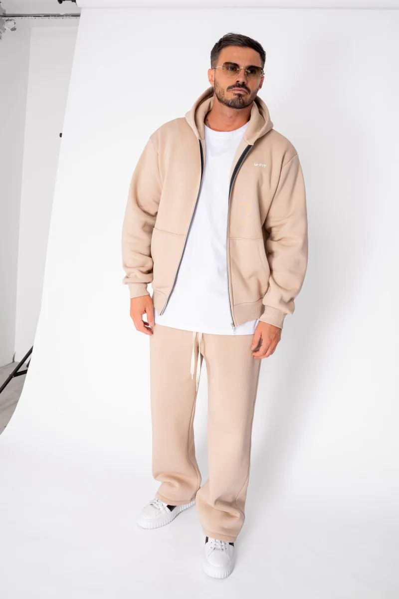 Set Winter CozyWide hanorac cu fermoar si pantalon drept Beige