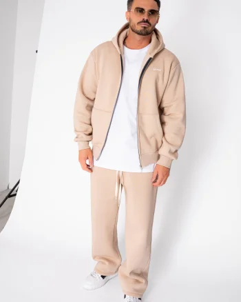 Set Winter CozyWide hanorac cu fermoar si pantalon drept Beige
