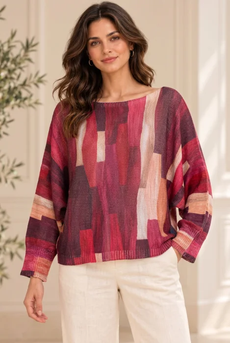 Bluza cu maneca fluture si imprimeu pictural  pensulat, magenta