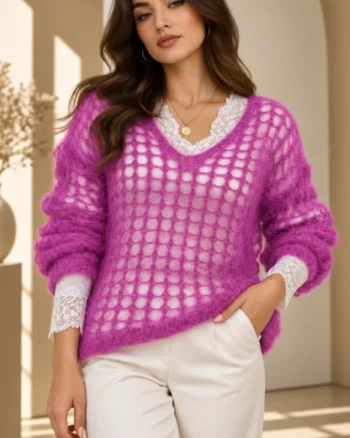Pulover plasa cu mohair, cu model foarte fin  ,   un pulover accesoriu chic mov deschis