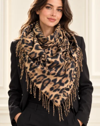 Esarfa patrata mare, imprimeu animal print cu maron, negru si camel
