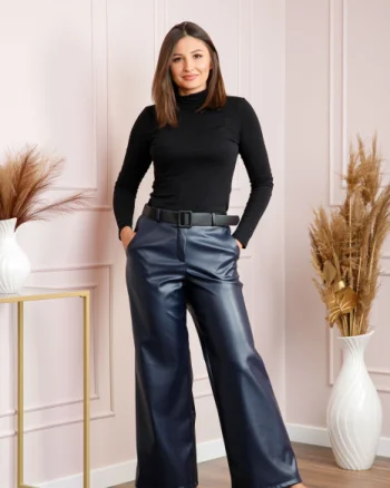 Pantaloni dama bleumarin din piele ecologica cu croi larg Renee