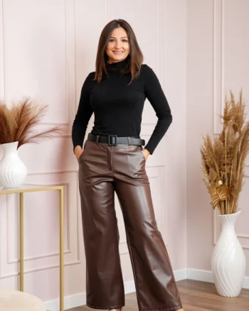 Pantaloni dama maro din piele ecologica cu croi larg Renee