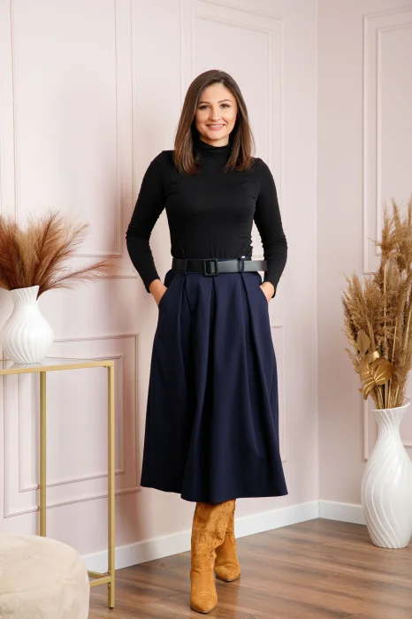 Fusta midi dama bleumarin cu pliuri si curea Sharon