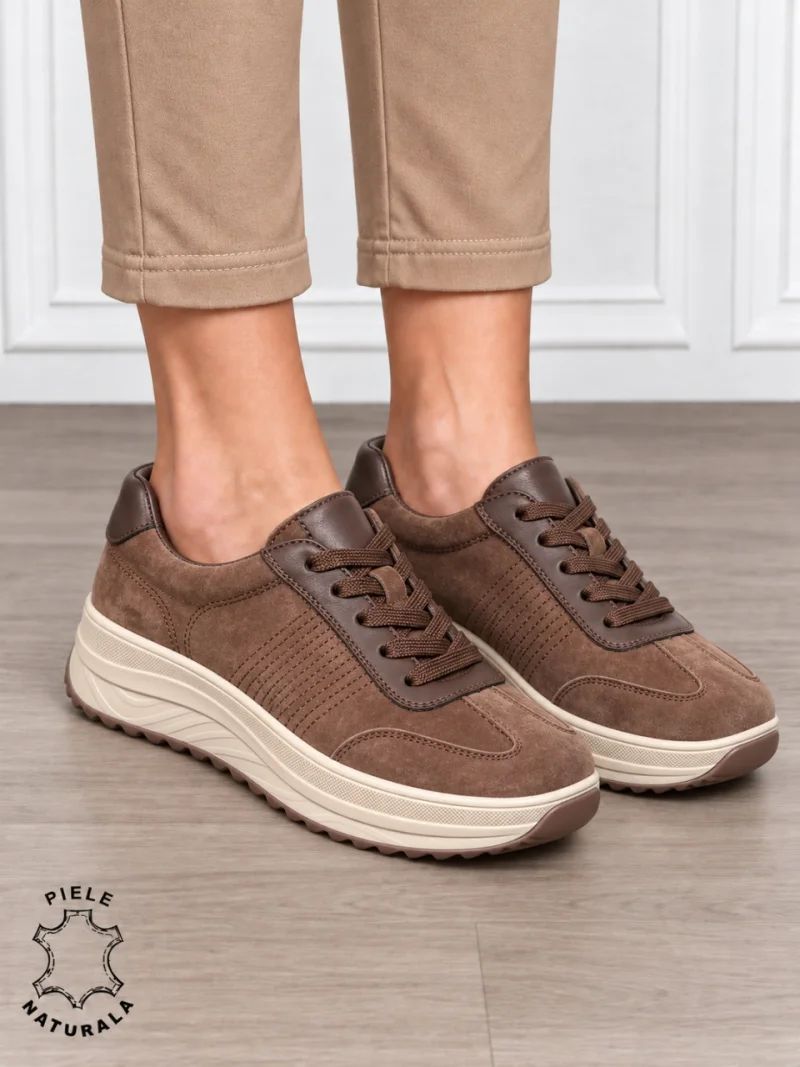 Pantofi sport damă din piele naturală întoarsă cu design casual CRL1894 CAFENIU