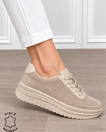 Pantofi sport damă din piele naturală întoarsă cu design casual CRL1894 BEJ