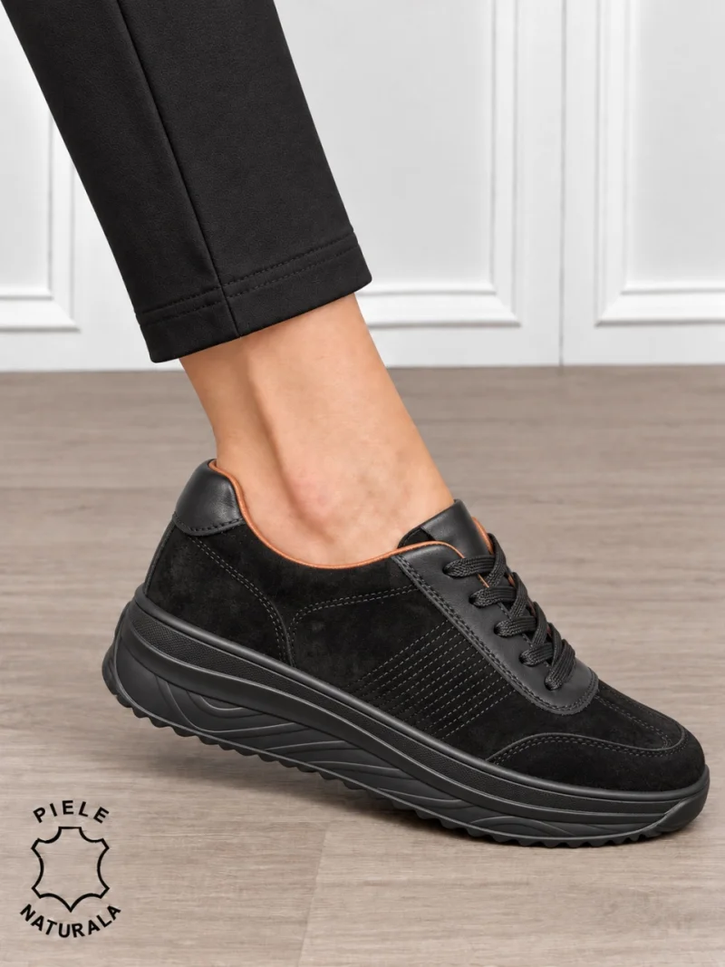Pantofi sport damă din piele naturală întoarsă cu design casual CRL1894 NEGRU