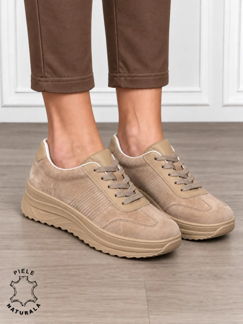 Pantofi sport damă din piele naturală întoarsă cu design casual CRL1894 KHAKI