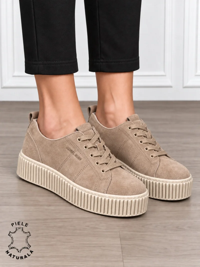 Pantofi sport damă din piele naturală intoarsa stil clasic CRL1868 KHAKI