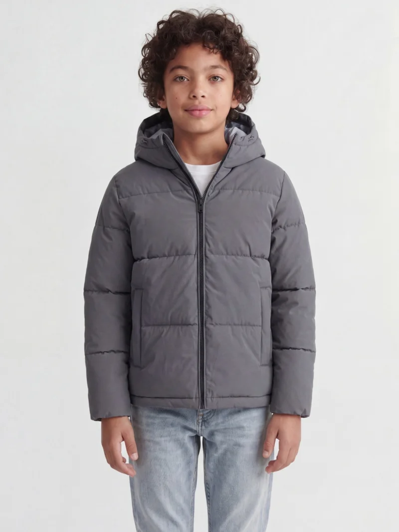 Jack & Jones Geaca baieti, PUFFER, cu gluga, Regular fit, JJGALAXY, Gri inchis (SELECTATI MARIMEA: 128 cm)