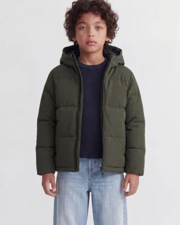 Jack & Jones Geaca baieti, PUFFER, cu gluga, Regular fit, JJGALAXY, Verde inchis (SELECTATI MARIMEA: 128 cm)