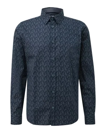 s.Oliver Camasa barbati cu model, guler Kent, Regular fit, Bleumarin inchis (SELECTATI MARIMEA: S)