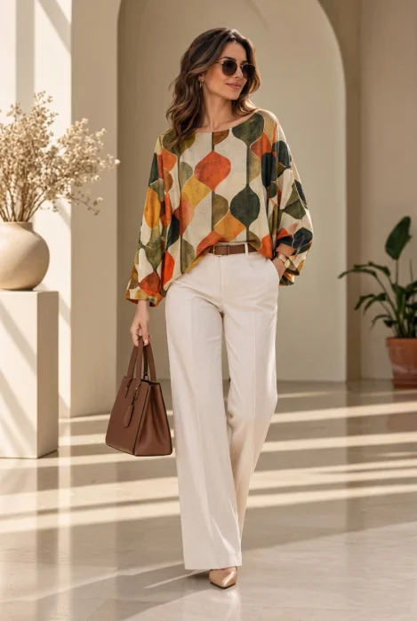 Bluza cu maneca fluture si imprimeu geometric abstract, galben verde
