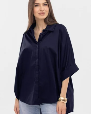 Camasa oversize bleumarin din poplin satinat  de bumbac, cu maneca lunga