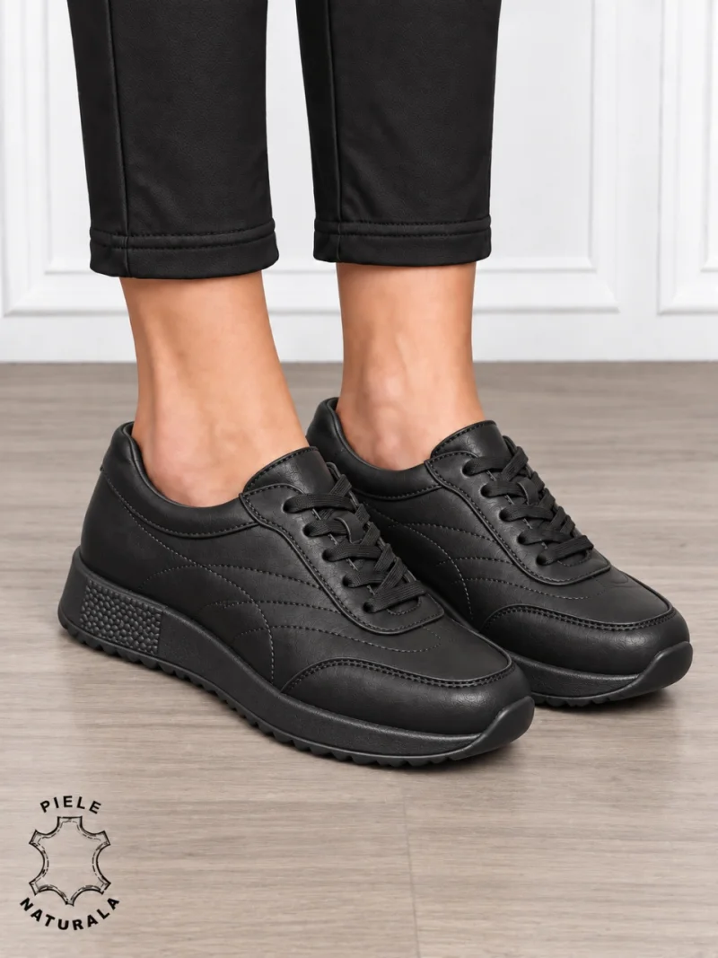 Pantofi sport damă din piele naturală cu cataramă decorativă în partea frontală CRL1895 NEGRU