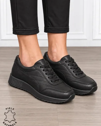 Pantofi sport damă din piele naturală cu cataramă decorativă în partea frontală CRL1895 NEGRU