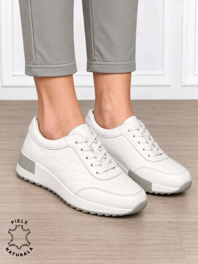 Pantofi sport damă din piele naturală cu cataramă decorativă în partea frontală CRL1895 ALB