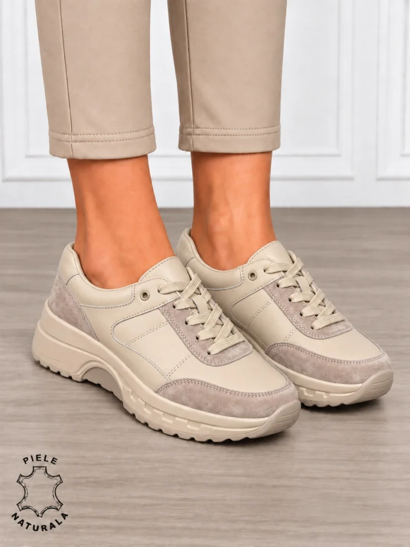 Pantofi sport damă din piele naturală și piele întoarsă cu design modern CRL1896 BEJ