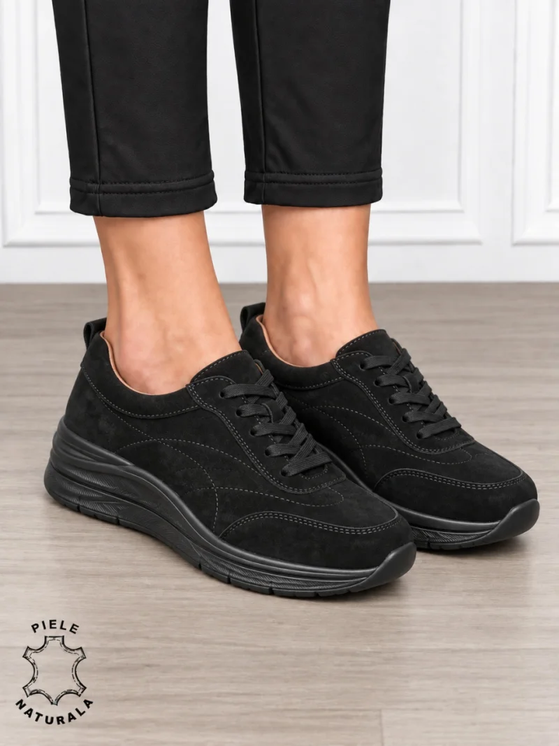 Pantofi casual damă din piele naturală Intoarsa cu stil clasic CRL1898 NEGRU